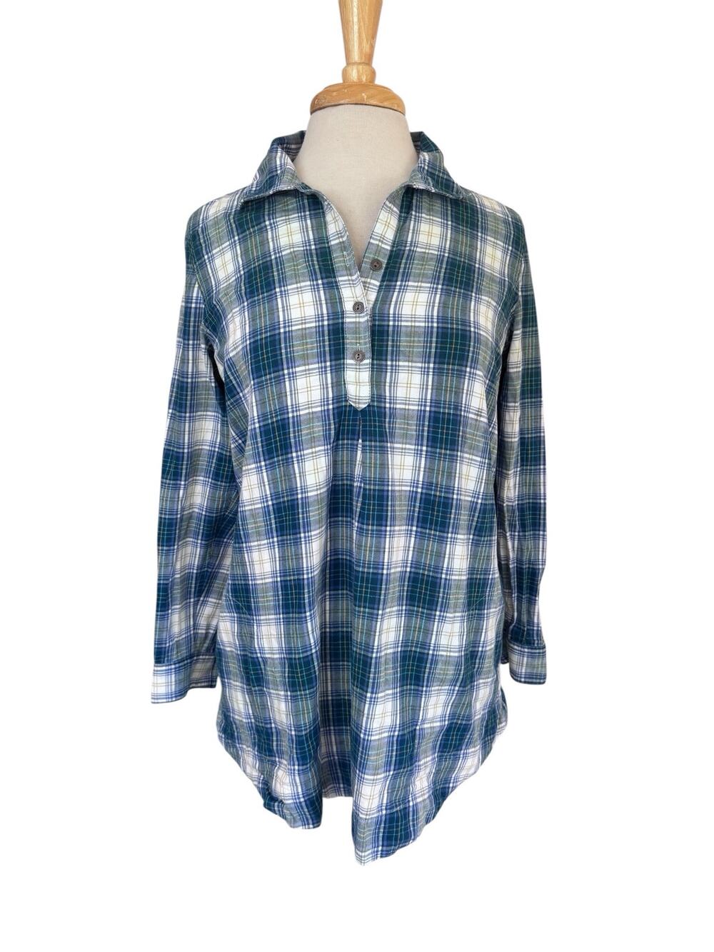 J.JILL UNCOMMON THREADS Blue Green Flannel Popover Shirt Size Medium Petite